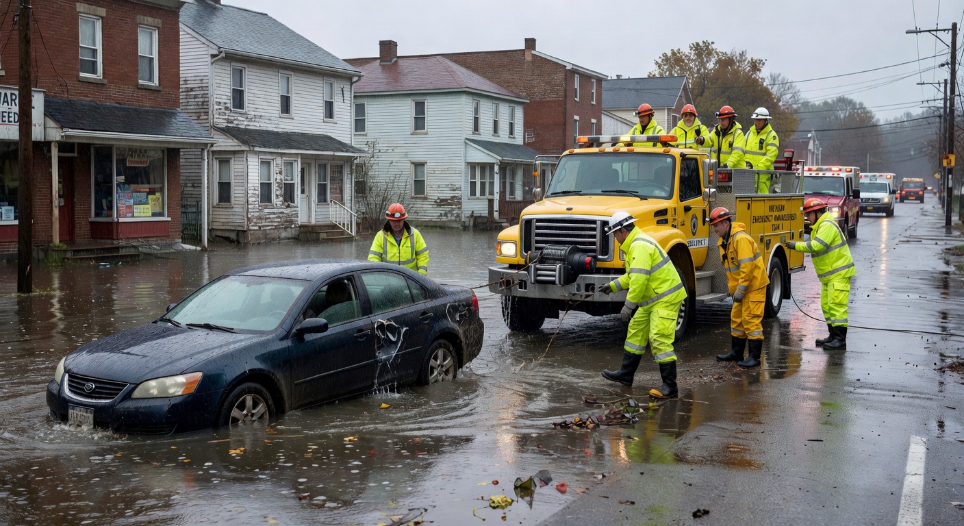 Flooded roads in northern Michigan trap motorists amid ongoing storms.