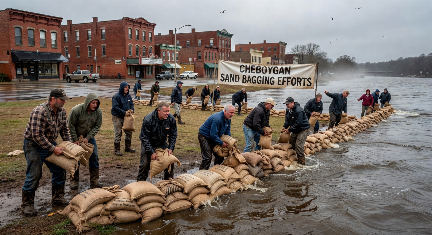 Community members reinforce defenses as waters rise in Cheboygan.