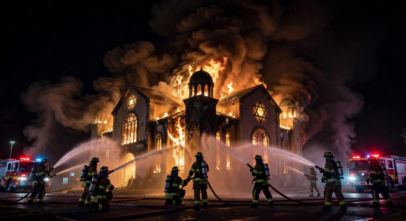 Illustration of arson attack scene Symbolic depiction of recent arson attempts on London Jewish sites.