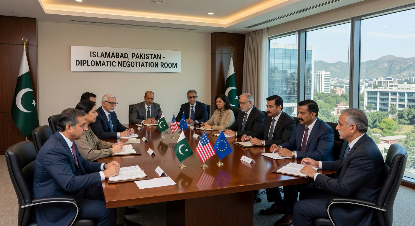 U.S. and Iranian delegations at table Scene from prior Islamabad talks that ended without agreement.
