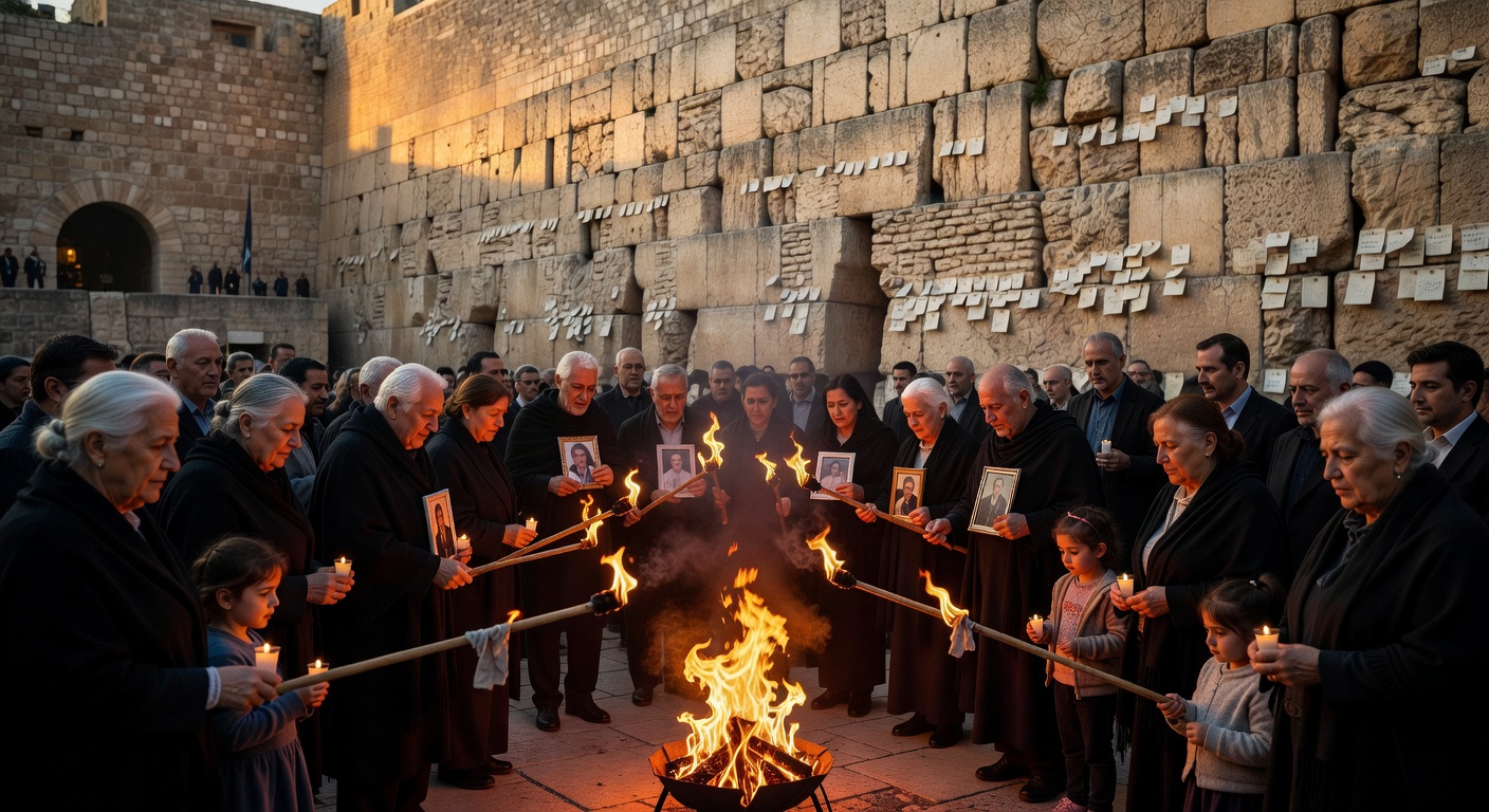 Torches illuminate the Western Wall Plaza, honoring the fallen.