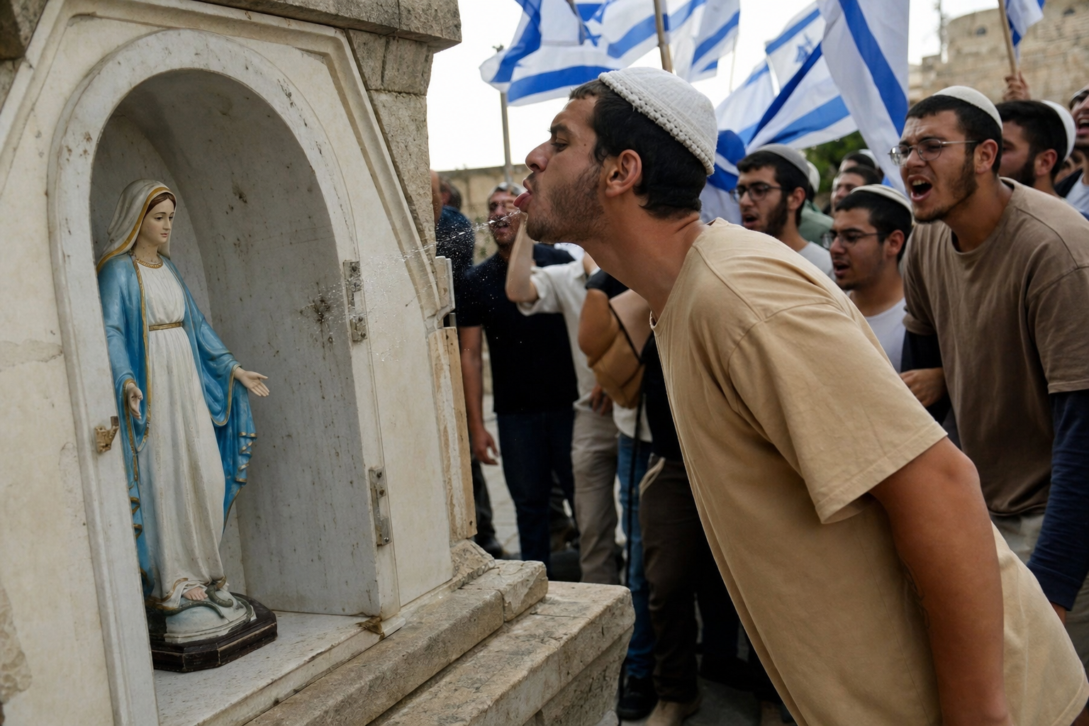 AI Generated - Settlers Spitting at Virgin Mary Shrine During Flag March