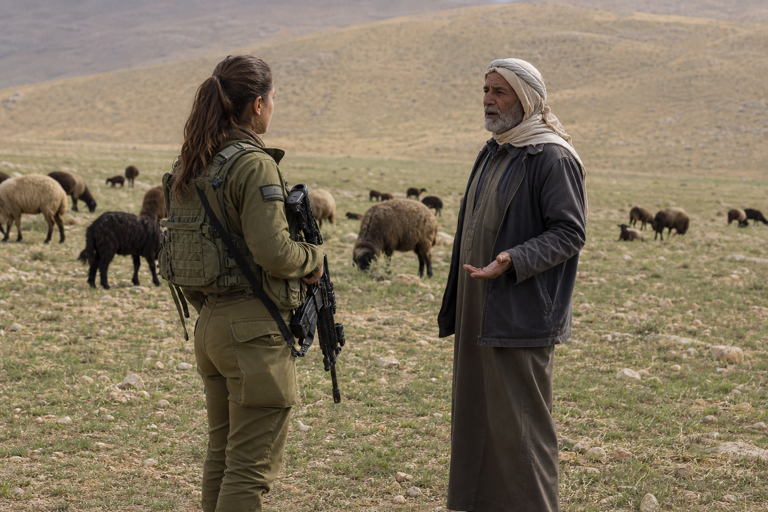 AI Generated - Female IDF Soldier Confronts Palestinian Shepherd in Jordan Valley