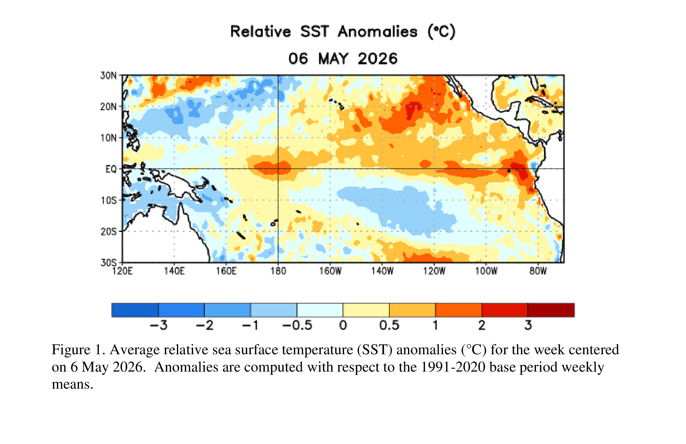 Satellite view showing rising sea surface temperatures in the equatorial Pacific Sea surface temperatures are climbing rapidly toward record levels.