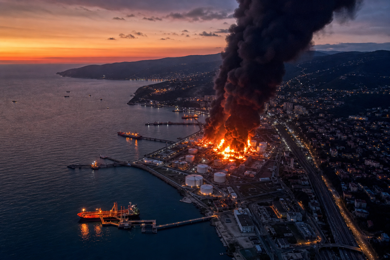 Smoke rising from damaged Tuapse oil terminal Fires at the Tuapse facility sent plumes of black smoke across the Black Sea coast after the April and May strikes.